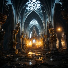 mystical gothic cathedral, weathered ruin of a medieval illuminated church at night