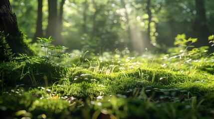 Shaded forest floor with lush moss and grass, filtered sunlight, soft shadows, low angle, tranquil and cool