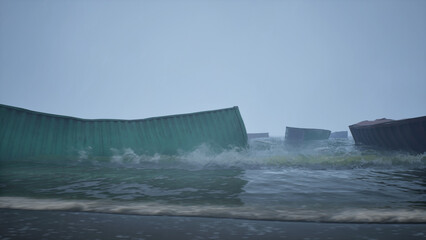 Shipping containers washed ashore in a storm