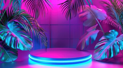 Fluorescent neon showcase background with 3d podium and tropic leaves. Summer nature...