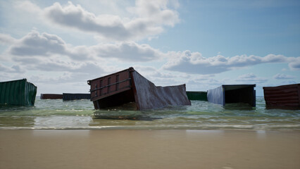 Shipping containers washed up on the sandy shore