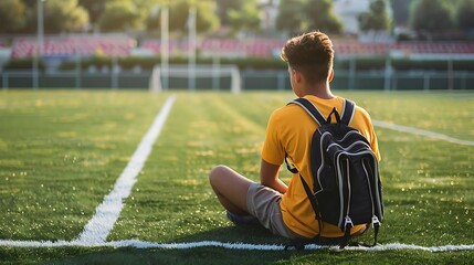 Obraz premium Teenager sitting on the green grass by the white football pitch lines on a sunny day thoughtful expression looking at the field.