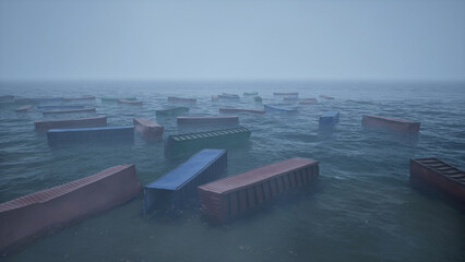 Shipping containers washed ashore in a storm