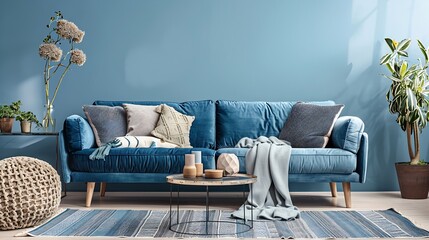 Creative living room interior composition with boho couch elegant pillows side table modern home decorations and personal accessories Details Template Copy space : Generative AI
