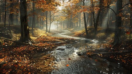 Fototapeta premium Stream winding through a forest, wideangle view, dappled sunlight, flowing water, autumn leaves, rich earthy tones