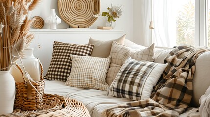 The stylish boho composition at living room interior with design beige sofa coffee table wicker baskets and elegant personal accessories Brown and white pillows and plaid Cozy apartmen : Generative AI