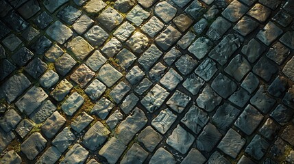 Topdown view of a cobblestone street, worn and weathered, morning light creating subtle shadows, high detail and texture
