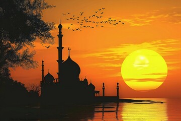 Depicting a the sunset image with an islamic mosque silhouette