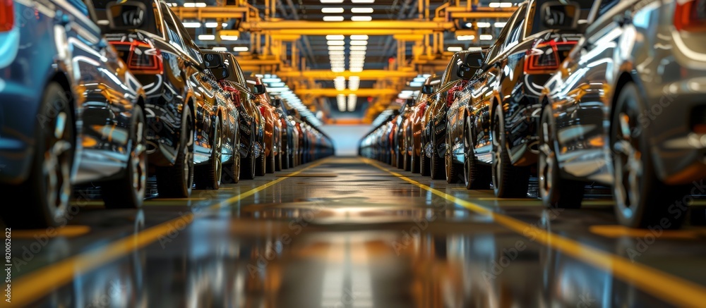 Poster the modern car manufacturing assembly line efficiently produces multiple vehicles in a hightech fact