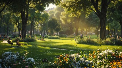 Obraz premium Urban park, diverse flora and fauna, people enjoying nature, late afternoon sun, wideangle shot, lively and green