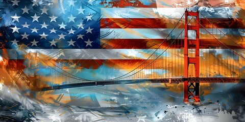Rustic American flag merges with Golden Gate Bridge in nostalgic grunge art. Concept Art, Rustic...