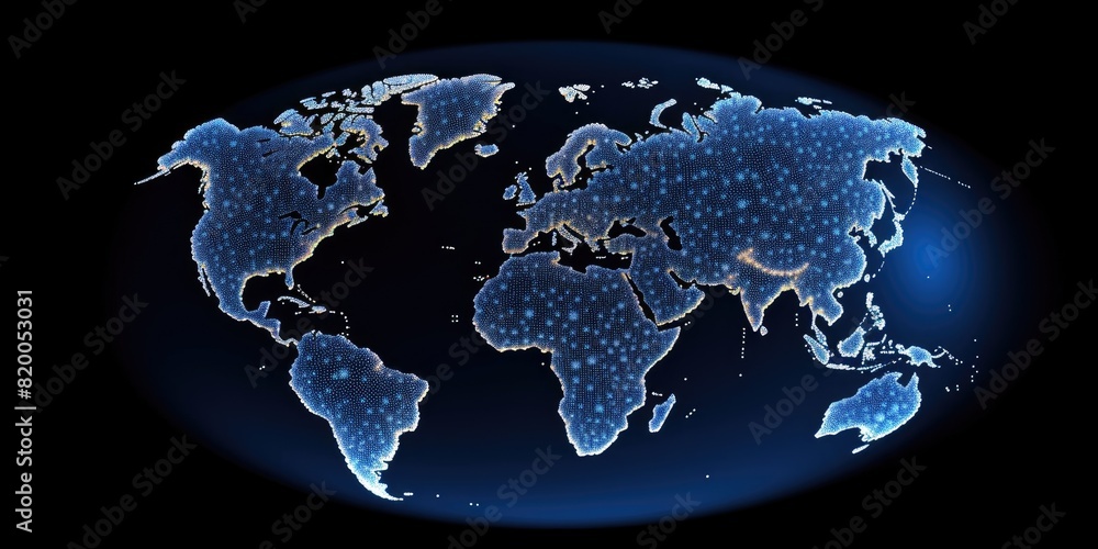 Poster glowing digital world map on a dark background with sparkling light points. global communication and