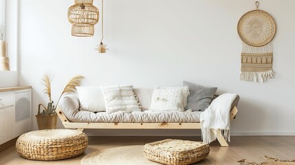 Wicker chandelier above wooden Scandinavian sofa with futon in bright living room interior : Generative AI