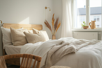 Scandinavian bedroom with natural wood finishes