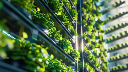 Vertical farming in a city skyscraper, vibrant plants, drone shot, bright daylight