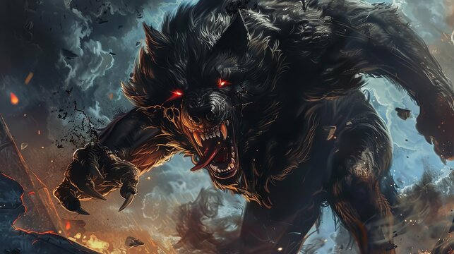 fierce black werewolf with glowing red eyes and sharp fangs folkloric fantasy creature