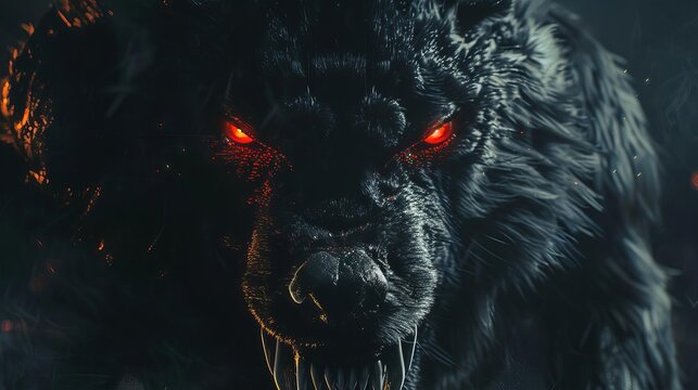 fierce black werewolf with glowing red eyes and sharp fangs folkloric fantasy creature