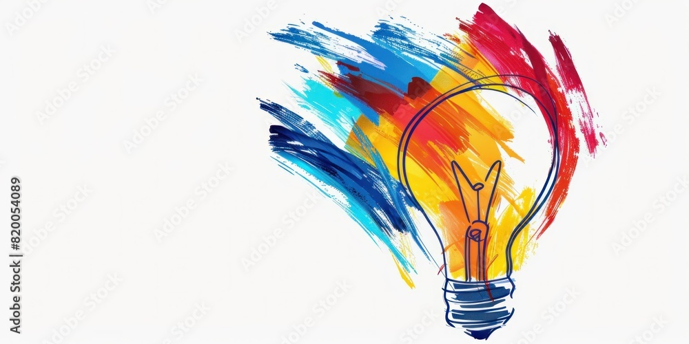 Poster colorful lightbulb illuminated with paint splotches in the shape of a lightbulb on white background