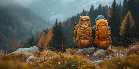Two tourist hiking in the moutain with heavy backpack, adventure concept summer vacations outdoor,