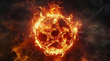 fiery pentagram symbol engulfed in flames and smoke dark fantasy horror concept occult witchcraft digital art illustration