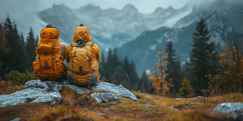 Two tourist hiking in the moutain with heavy backpack, adventure concept summer vacations outdoor,