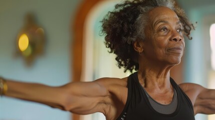 fitness pilates active senior african american woman exercising at home gym candid portrait