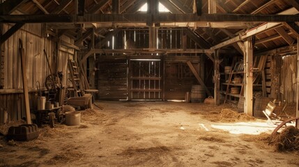Empty barn, detailed wooden walls and floor, various agricultural tools placed methodically around
