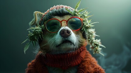 Surreal of Marijuana Loving Eskimo Dog in Reggae Inspired Attire