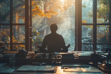 A man meditates in lotus position by window with view of building