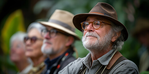 Obraz premium Close-up photo of an elderly tourist, enjoying nature in a tropical forest,