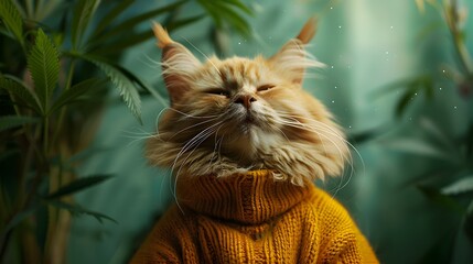 Surreal Persian Cat in Marijuana Inspired Reggae Attire Amid Vibrant Cannabis Backdrop