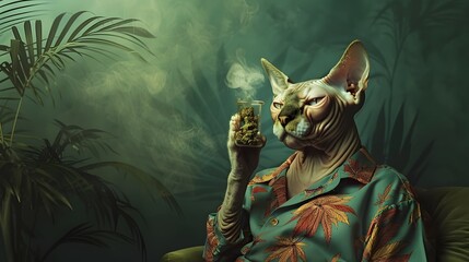 Surreal Sphynx Cat Enjoying Cannabis in Reggae Inspired Attire