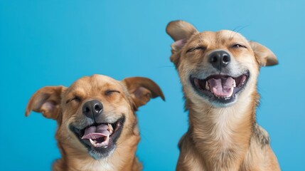 Banner two smiling dogs with happy expression and closed eyes Isolated on blue colored background : Generative AI