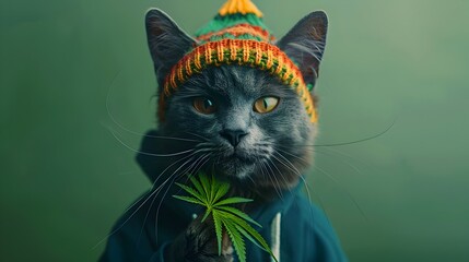 Surreal Portrait of a Curious Cannabis Fueled Russian Blue Cat in Reggae Attire