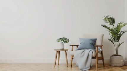 Modern boho cozy corner of home in living room Gray vintage armchair with blue pillow and blanket table with green plant in pot wooden floor on light wall background copy space mockup  : Generative AI