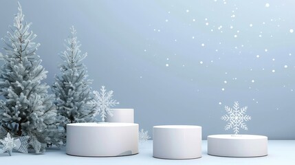 Holiday Christmas showcase silver background with 3d podiums. Abstract minimal scene illustration