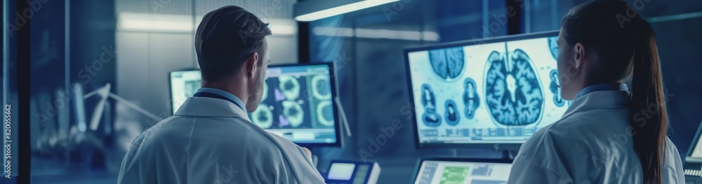 Poster in a sophisticated lab, medical professionals utilize advanced technology for analyzing brain scans.