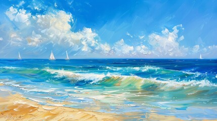 Mediterranean Seascape on Canvas, peaceful atmosphere, with no people present