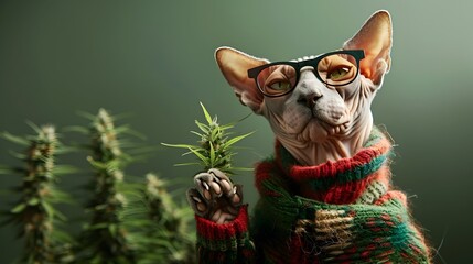 Sphynx Cat Wearing Reggae Style Cannabis Clothing in Surreal Marijuana Themed