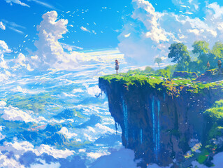 Digital anime style art painting of a girl standing on top of a mountain looking at the beautiful sky