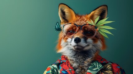 Surreal Fox in Reggae Inspired Cannabis Getup with Natural Backdrop