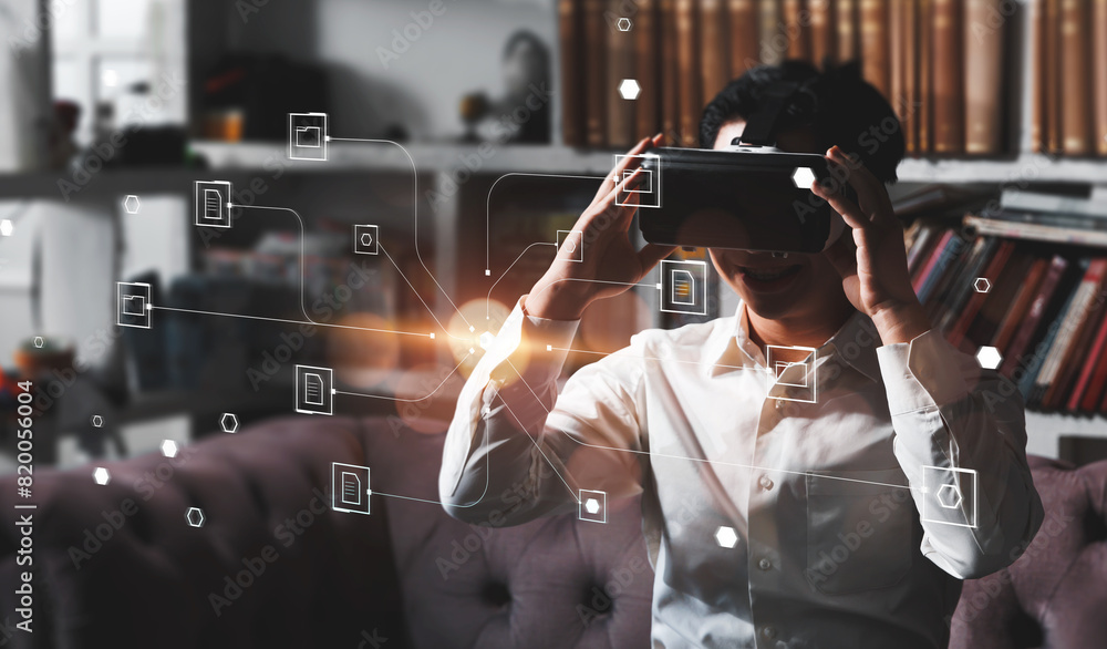 Poster businessman worker using vr virtual reality augment headset gear folder data and document management