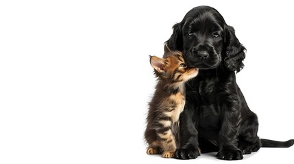 Obraz premium Curious English cocker spaniel puppy dog hugs kitten Pets look away and up together on empty space isolated on white background : Generative AI