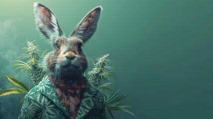 Surreal Jackrabbit Intoxicated Cannabis Face in Reggae Marijuana Attire on Green Backdrop