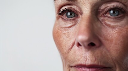 Obraz premium 50s middle aged old woman looking at camera isolated on white background advertising dry skin care treatment anti age skincare beauty plastic surgery cosmetology procedures Close up ha : Generative AI
