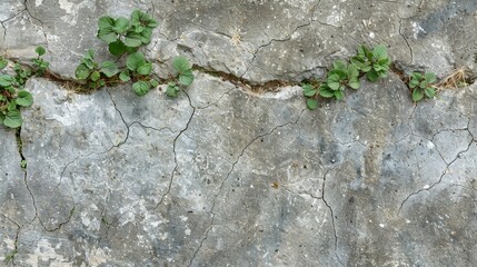 Detailed frost heave crack in concrete sidewalk, garden flora peeking through, close-up with raw, textured surface