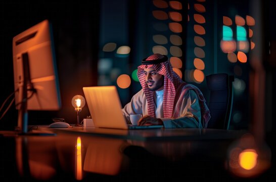 Integrating work with technology and technology, a Saudi Arabian Gulf businessman wearing a shemagh and traditional thobe, working on a laptop inside the office at night, office administrative 