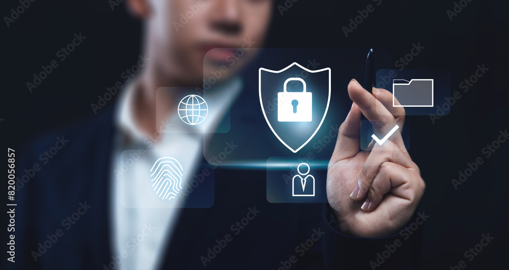 Poster digital security and verification of business person using smartphone to verify system access and on