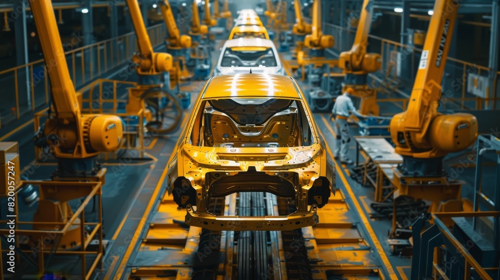 Leinwandbilder Robotics arms in automotive assembly lines are a prime example of modern manufacturing. They emphasize advanced technology and automation in car production, showcasing innovation and efficiency