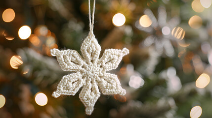 Crochet Snowflake Ornament hanging by a thread, white crocheted ornament for decoration.